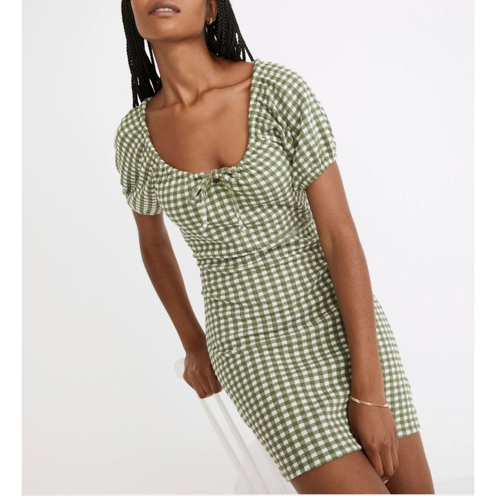 Madewell Jacquard Puff-Sleeve Mini Dress in Green Gingham Check XL